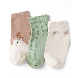 Cute Walk By Babyhug Poly Blends Knit Anti Bacterial Ankle Length Embroided Socks With Flower Design Pack of 3 - Sea Green, Light Peach & Off White