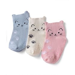 Cute Walk By Babyhug Poly Blends Knit Anti Bacterial Ankle Length Socks With Paw Desgin Pack of 3 - Light Pink, Beige & Blue