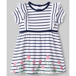 Babyhug Single Jersey Knit Half Sleeves Striped Frock and Bloomer Set With Floral Print - White