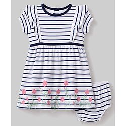 Babyhug Single Jersey Knit Half Sleeves Striped Frock and Bloomer Set With Floral Print - White