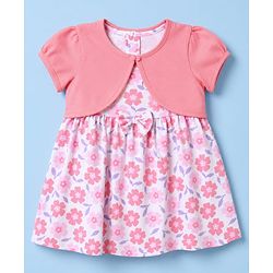 Babyhug Cotton Single Jersey Knit Half Sleeves Floral Printed Frock with Shrug - Pink