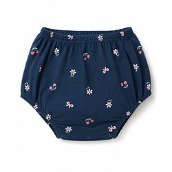 Babyhug Single Jersey Knit Frock and Bloomer with Full Sleeves and Floral Print - Navy Blue