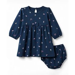 Babyhug Single Jersey Knit Frock and Bloomer with Full Sleeves and Floral Print - Navy Blue