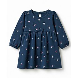 Babyhug Single Jersey Knit Frock and Bloomer with Full Sleeves and Floral Print - Navy Blue