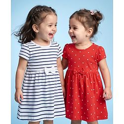 Babyhug Single Jersey Knit Frock with Half Sleeves and Striped Print in Red & White
