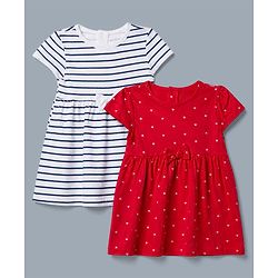 Babyhug Single Jersey Knit Frock with Half Sleeves and Striped Print in Red & White