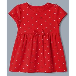 Babyhug Single Jersey Knit Frock with Half Sleeves and Striped Print in Red & White