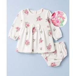 Babyhug Single Jersey Knit Full Sleeves Frock and Bloomer with Bow Applique & Floral Print - White