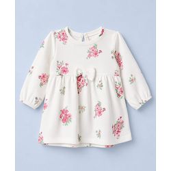 Babyhug Single Jersey Knit Full Sleeves Frock and Bloomer with Bow Applique & Floral Print - White