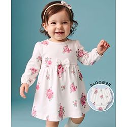 Babyhug Single Jersey Knit Full Sleeves Frock and Bloomer with Bow Applique & Floral Print - White