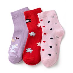 Cute Walk by Babyhug Knit Anti Bacterial Ankle Length Socks With Bunny Floral & Polka Dots Design Pack of 3 - Red Pink & Purple