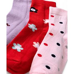 Cute Walk by Babyhug Knit Anti Bacterial Ankle Length Socks With Bunny Floral & Polka Dots Design Pack of 3 - Red Pink & Purple