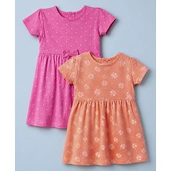 Babyhug Single Jersey Knit Frocks with Half Sleeves and Dots Print Pack of 2 in Peach & Pink