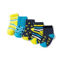 Cute Walk by Babyhug Non Terry Knit Anti-bacterial Ankle Length Striped Socks With Star Design Pack of 5 - Black, Yellow & Bllue