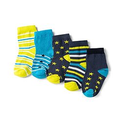 Cute Walk by Babyhug Non Terry Knit Anti-bacterial Ankle Length Striped Socks With Star Design Pack of 5 - Black, Yellow & Bllue