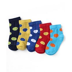 Cutewalk By Babyhug Knit Ankle Length Antibacterial Socks With Polka Dot Design Pack of 5 - Red Yellow Blue Black Sky Blue