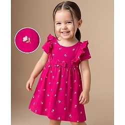 Babyhug Single Jersey Knit Frock and Bloomer with Half Sleeves and Floral Print - Pink