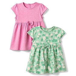 Babyhug Single Jersey Knit Half Sleeves Frock With Floral & Polka Dot Print Pack of 2 - Pink Green