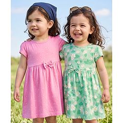 Babyhug Single Jersey Knit Half Sleeves Frock With Floral & Polka Dot Print Pack of 2 - Pink Green
