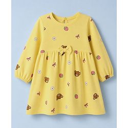 Babyhug Single Jersey Knit Frock and Bloomer with Full Sleeves and Bear Print - Yellow