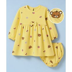 Babyhug Single Jersey Knit Frock and Bloomer with Full Sleeves and Bear Print - Yellow