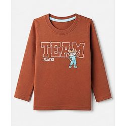 Babyhug 100% Cotton Knit T-Shirt with Full Sleeves and Tiger Print - Rust Orange
