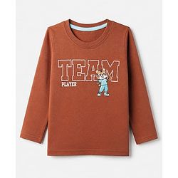 Babyhug 100% Cotton Knit T-Shirt with Full Sleeves and Tiger Print - Rust Orange