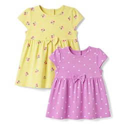 Babyhug Single Jersey Knit Half Sleeves Frocks with Floral & Hearts Print & Bow Applique Pack of 2 - Yellow & Pink