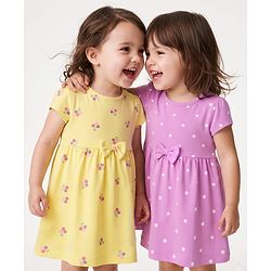 Babyhug Single Jersey Knit Half Sleeves Frocks with Floral & Hearts Print & Bow Applique Pack of 2 - Yellow & Pink
