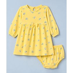 Babyhug Cotton Interlock Knit Frock and Bloomer with Full Sleeves and Floral Print - Yellow