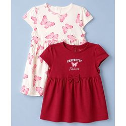 Babyhug Single Jersey Knit Frocks with Half Sleeves and Butterfly Print in Red & White Pack of 2