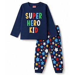 Babyhug 100% Cotton Knit Full Sleeves T-Shirts & Pyjama Night Suit With Heart & Text Print - Navy Blue