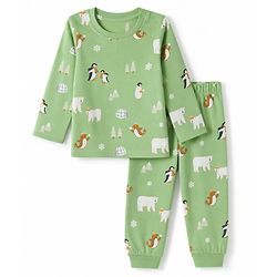 Babyhug 100% Cotton Knit Full Sleeves Co-Ords T-Shirt & Pyjama Nightsuit with Animal Print - Green