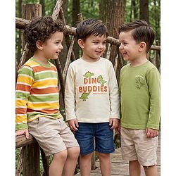 Babyhug 100% Cotton Knit Full Sleeves Striped T-Shirts with Roarsome Dinosaur & Ding Buddies Text Print Pack of 3 - Light Green Off White Yellow
