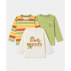 Babyhug 100% Cotton Knit Full Sleeves Striped T-Shirts with Roarsome Dinosaur & Ding Buddies Text Print Pack of 3 - Light Green Off White Yellow