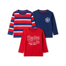Babyhug 100% Cotton Knit Full Sleeves Striped T-Shirts with Boston Print Pack of 3 - Red Navy Blue