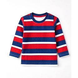 Babyhug 100% Cotton Knit Full Sleeves Striped T-Shirts with Boston Print Pack of 3 - Red Navy Blue