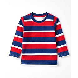 Babyhug 100% Cotton Knit Full Sleeves Striped T-Shirts with Boston Print Pack of 3 - Red Navy Blue