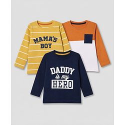 Babyhug 100% Cotton Knit Full Sleeves Tshirts With Daddy Is My Hero Print Pack Of 3 - Navy Blue Mustard & Orange