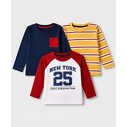 Babyhug 100% Cotton Knit Full Sleeves Tshirts With New York 25 Print Pack Of 3 - Navy Blue Mustard & White