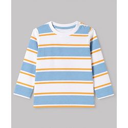 Babyhug 100% Cotton Knit Full Sleeves Striped T-Shirts with California 86 Championship Text Print Pack of 3 - Light Blue, Mustard, Blue
