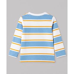 Babyhug 100% Cotton Knit Full Sleeves Striped T-Shirts with California 86 Championship Text Print Pack of 3 - Light Blue, Mustard, Blue