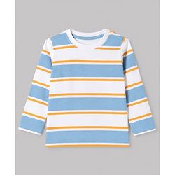 Babyhug 100% Cotton Knit Full Sleeves Striped T-Shirts with California 86 Championship Text Print Pack of 3 - Light Blue, Mustard, Blue