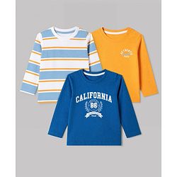 Babyhug 100% Cotton Knit Full Sleeves Striped T-Shirts with California 86 Championship Text Print Pack of 3 - Light Blue, Mustard, Blue
