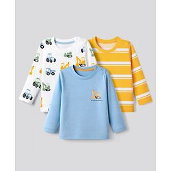 Babyhug 100% Cotton Knit T-Shirt with Full Sleeves and Construction Vehicles Print Pack of 3 - Blue Yellow White