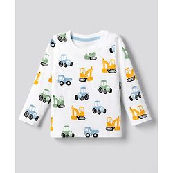 Babyhug 100% Cotton Knit T-Shirt with Full Sleeves and Construction Vehicles Print Pack of 3 - Blue Yellow White