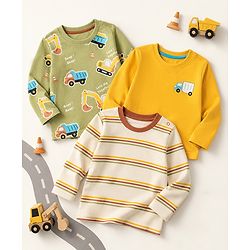 Babyhug 100% Cotton Knit Full Sleeves T-Shirts with Construction Vehicles Print Pack of 3 in Yellow Green