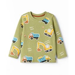 Babyhug 100% Cotton Knit Full Sleeves T-Shirts with Construction Vehicles Print Pack of 3 in Yellow Green