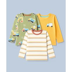 Babyhug 100% Cotton Knit Full Sleeves T-Shirts with Construction Vehicles Print Pack of 3 in Yellow Green