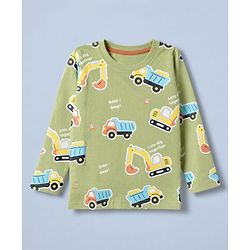 Babyhug 100% Cotton Knit Full Sleeves T-Shirts with Construction Vehicles Print Pack of 3 in Yellow Green